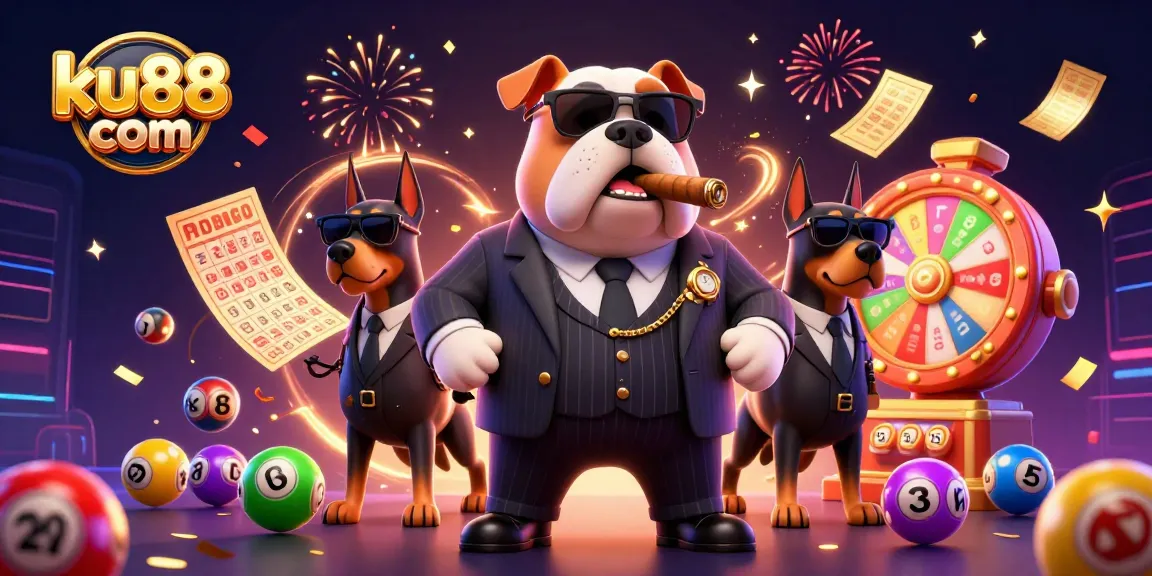 Engage with ku88 com's vibrant lottery scene featuring a mafia boss bulldog amidst colorful lottery elements.