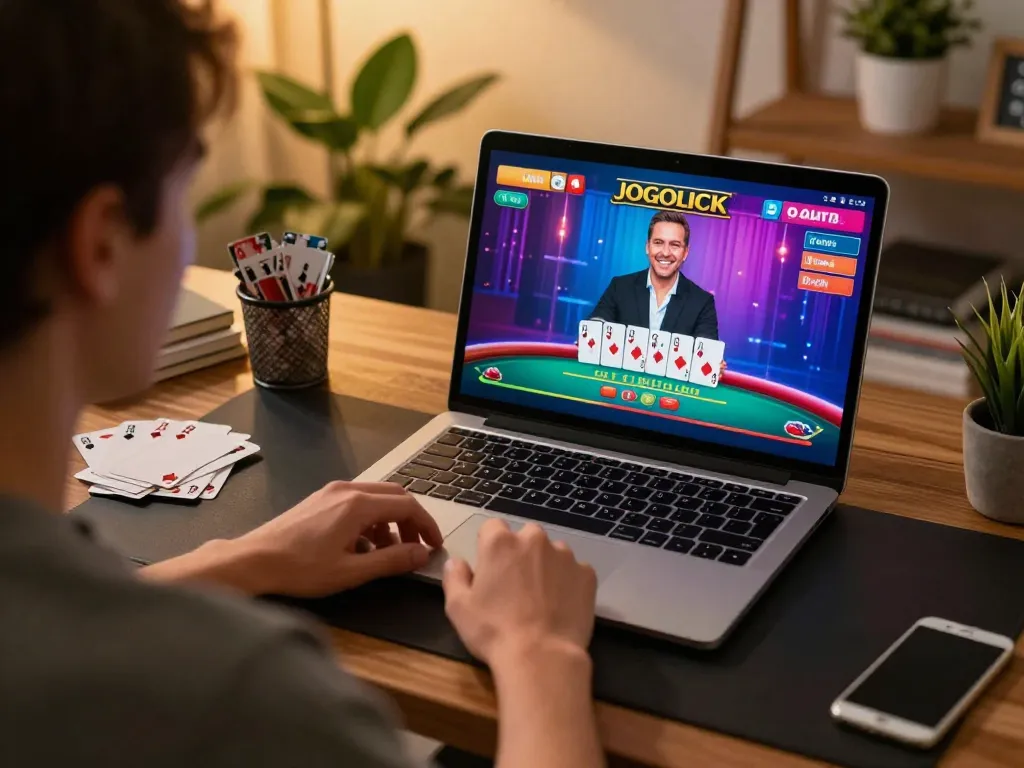 Player enjoying jogoluck blackjack on a laptop in stylish home office