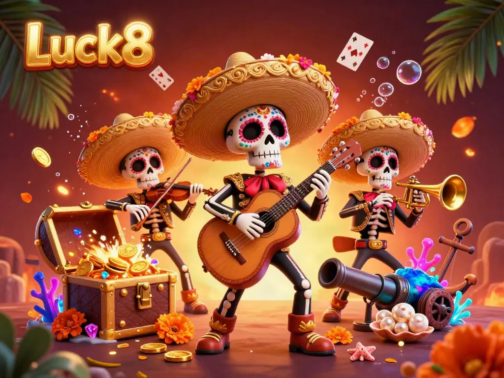 Experience the vibrant Luck8 mariachi band amidst treasures in this colorful casino-themed illustration.
