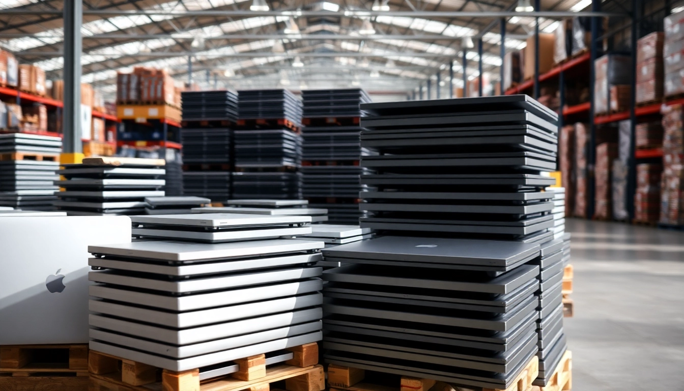 Discover MacBook Pro pallets for Sale displayed prominently in a brightly lit warehouse setting.