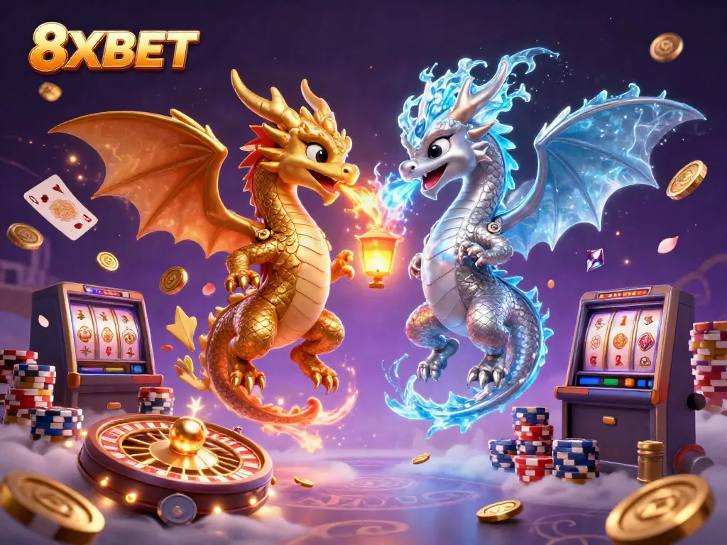 Engage with 8XBET's thrilling gaming atmosphere featuring dynamic dragons and casino elements.