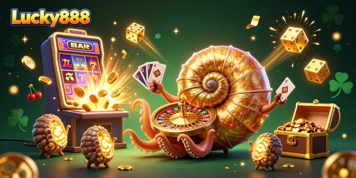 Experience the excitement of Lucky888 with a vibrant, cartoon-style casino scene featuring a giant nautilus roulette and exciting game elements.