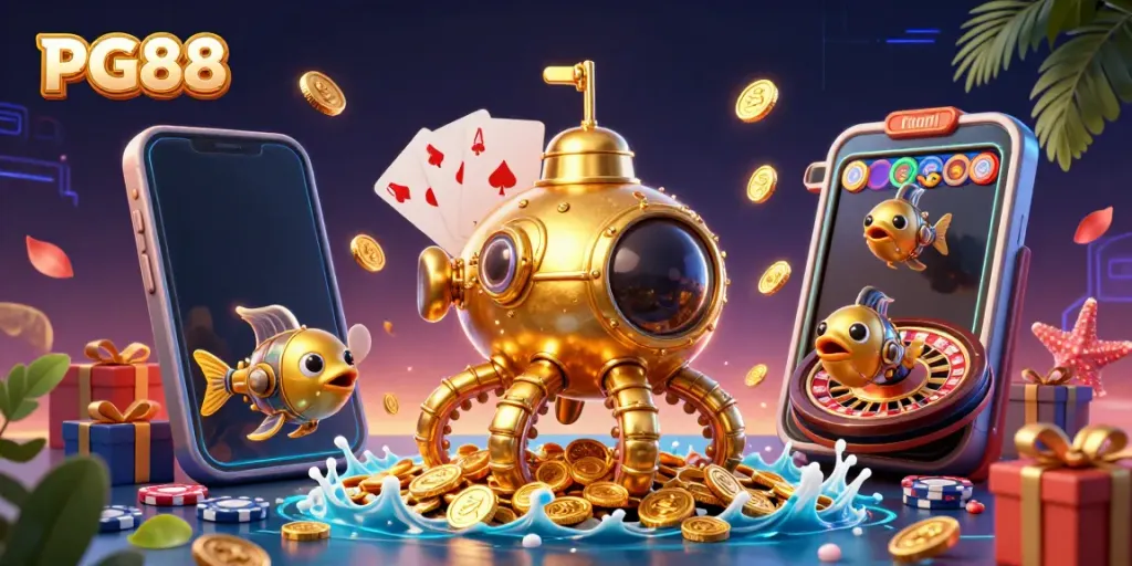 Engage in exciting gameplay with PG88's colorful slots, golden coins, and mechanical fish enhancing the adventure.