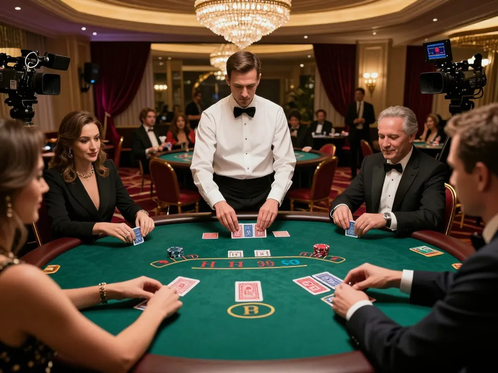 Jogadores estrategizando na mesa de blackjack do HH55 em um ambiente de cassino de alto padrão.