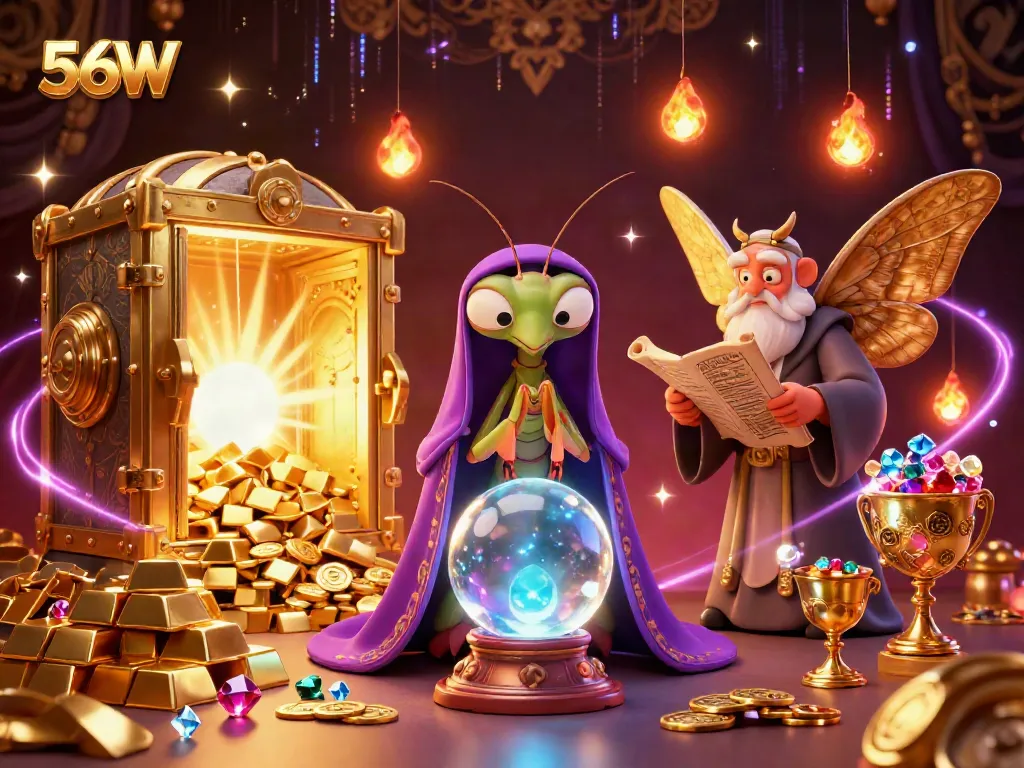 The vibrant 56W scene showcases a mystical fortune teller and librarian amidst treasures, capturing casino excitement.