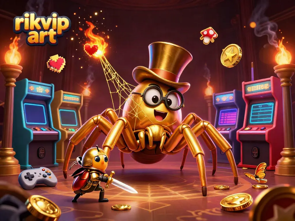 Experience rikvip art with a vibrant scene of a golden tarantula and a beetle knight in a casino.