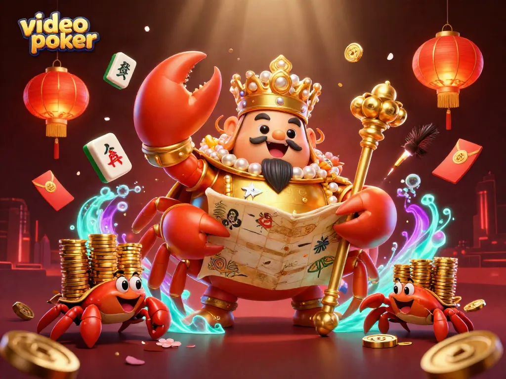 Experience the thrill of video poker with a vibrant 3D scene featuring a golden crab emperor and dynamic casino-themed elements.