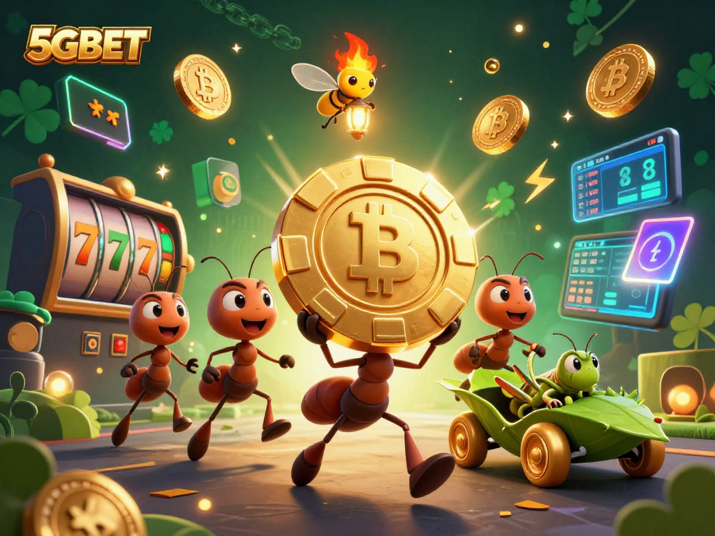 Experience the exciting 5GBET slots as animated ants carry a giant poker chip through a tunnel.