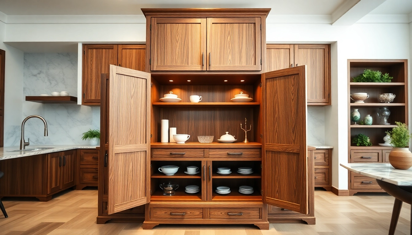 Explore a beautifully crafted custom cabinet with open doors revealing organized interiors in an elegant kitchen.