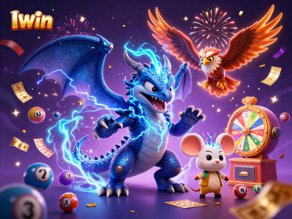 Iwin showcases an exhilarating lottery scene with a thunder dragon, wind hawk, and thunder mouse amidst vibrant winning elements.