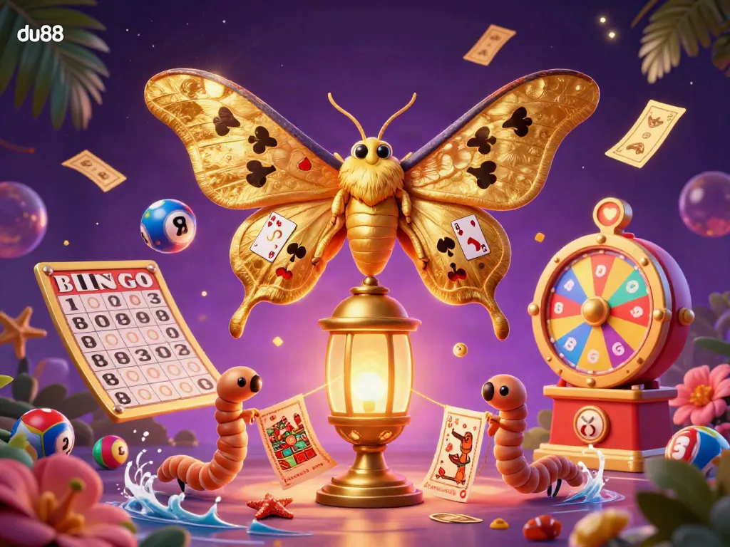 Experience the thrill of du88 with a vibrant 3D scene of a moth and casino elements, showcasing exciting games.