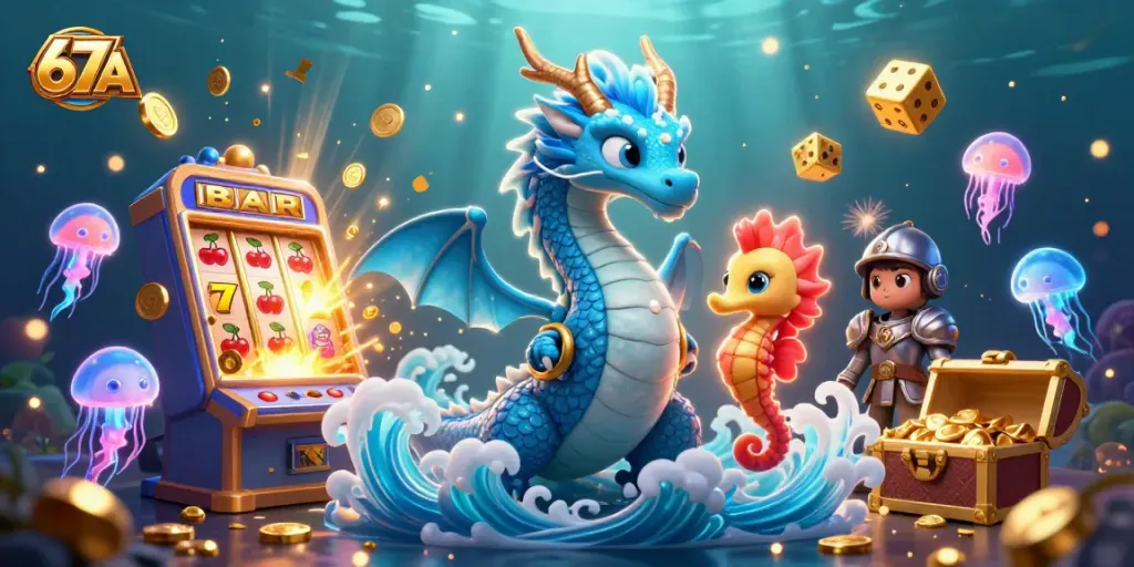 Spin to win big with 67A casino-themed illustration showcasing vibrant slot machines and magical characters.