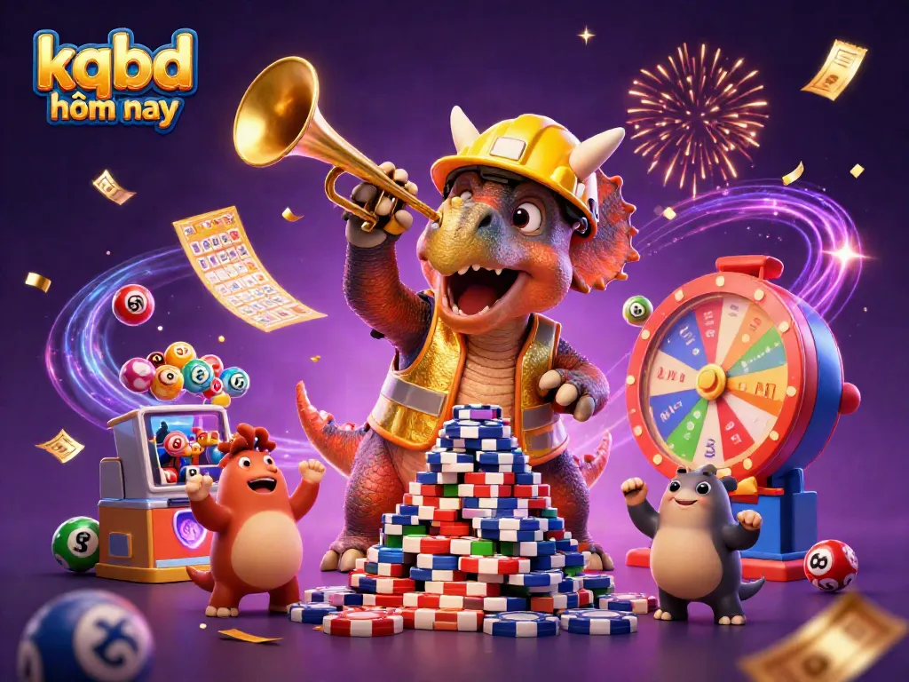 Engaging illustration of kqbd hôm nay, featuring a celebratory scene with dinosaurs creating a poker chip pyramid.
