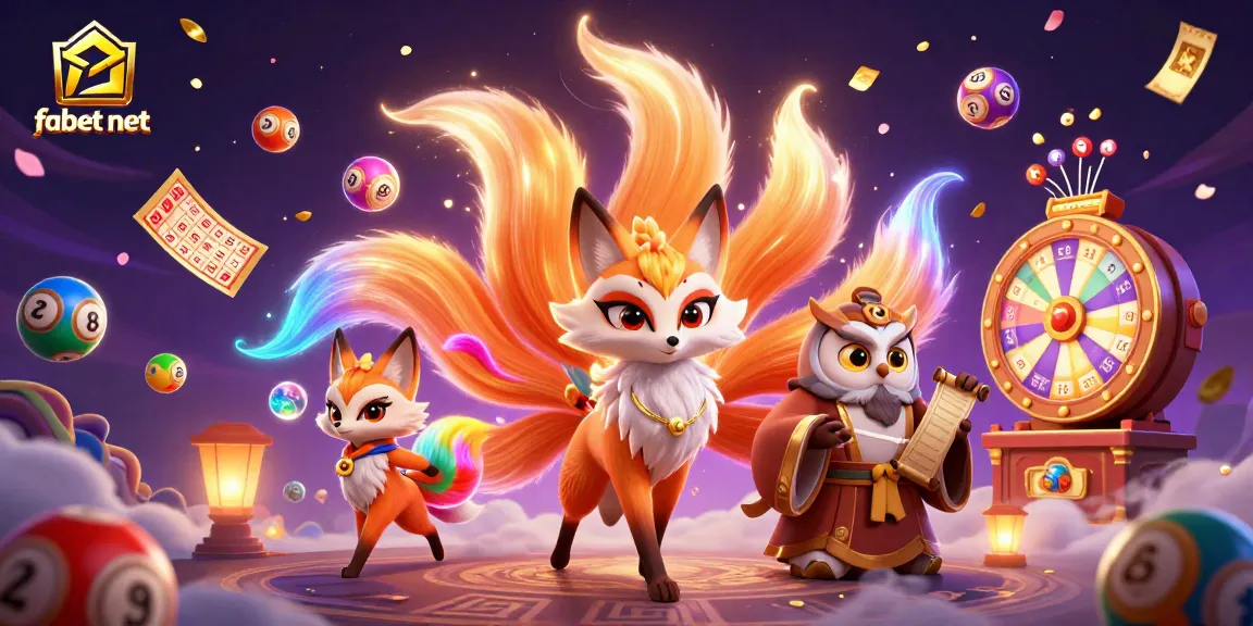 Experience thrilling gameplay with fabet net as a magical nine-tailed fox spirit and a wise owl guide float among colorful lottery elements.