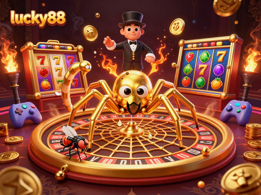 Experience the excitement of lucky88 with a vibrant casino-themed scene featuring a spider and croupier.