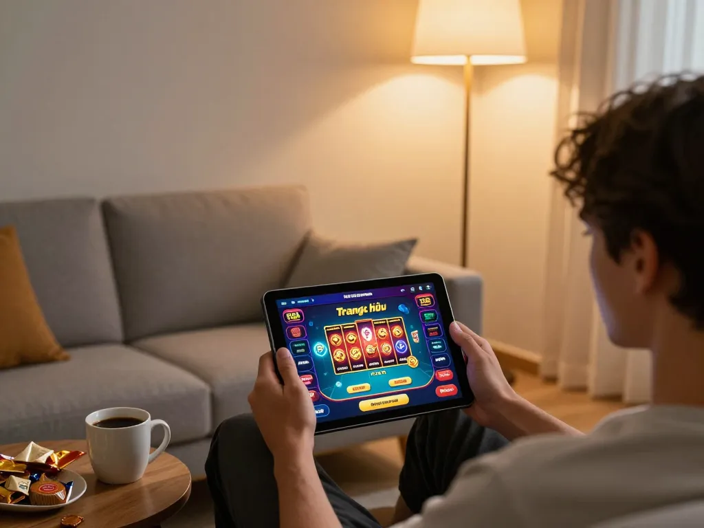 Experience online gaming on Trang chủ KP88 with a cozy setup featuring a tablet and snacks.