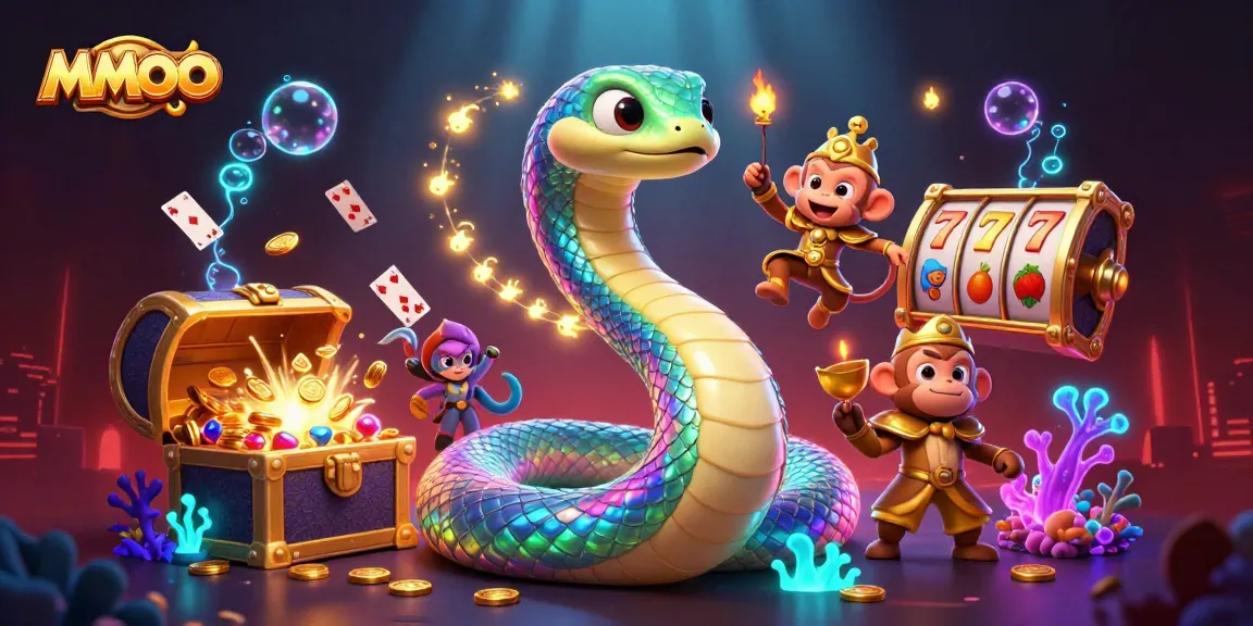 Engage with MMOO's vibrant gaming features including slots, a rainbow serpent, and treasure chests.
