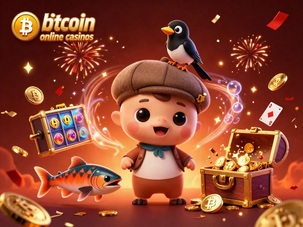 Engage in vibrant bitcoin online casinos with cartoon Nessie, dynamic gold treasures, and festive elements.