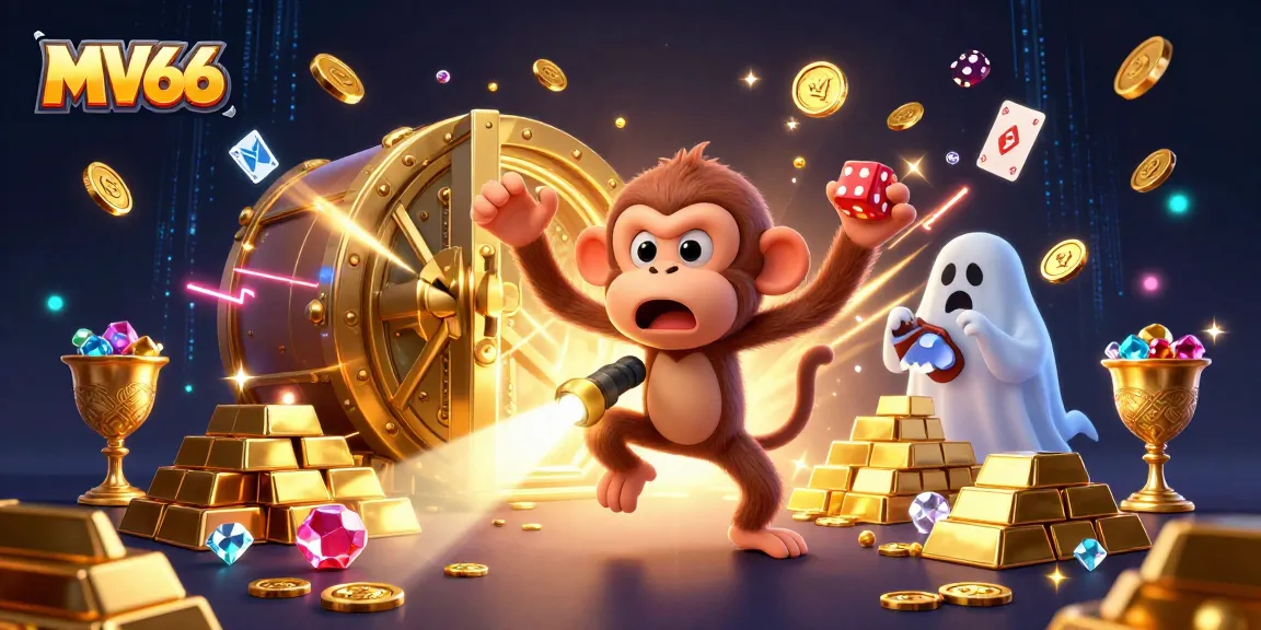 Experience the thrilling MV66 casino scene with a poltergeist monkey juggling gold treasures amidst vibrant gaming elements.