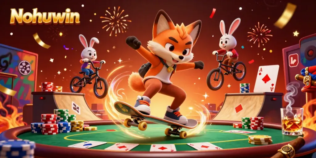 Nohuwin showcases a 3D cartoon fox doing a kickflip over poker chips in a vibrant casino scene.