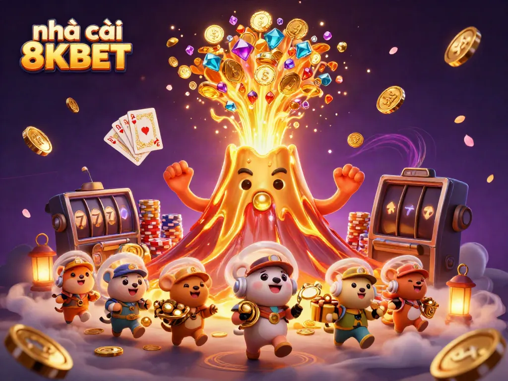 Experience thrilling gameplay at nhà cái 8KBET with a gold volcano bursting coins and treasures.