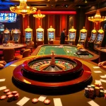 Bomwin players engaging in a high-stakes poker game surrounded by vibrant casino elements.