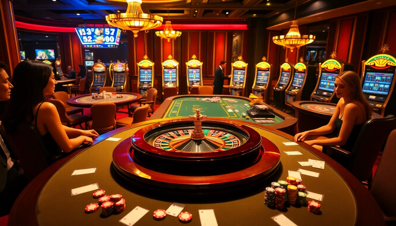 Bomwin players engaging in a high-stakes poker game surrounded by vibrant casino elements.