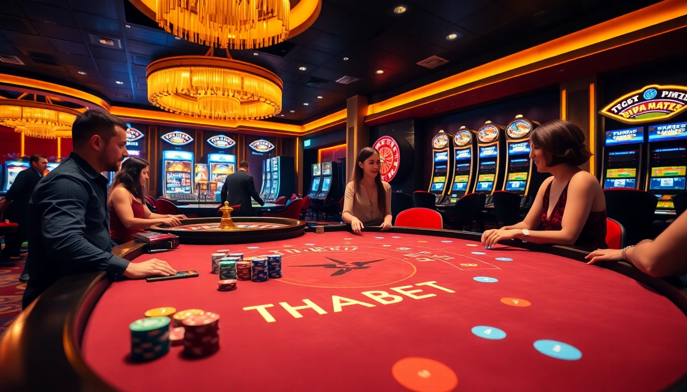Excited players at THABET casino gaming table with colorful chips and vibrant atmosphere.