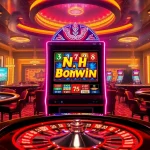 Nổ hũ bomwin slot machine lighting up a casino table filled with poker chips and cards.