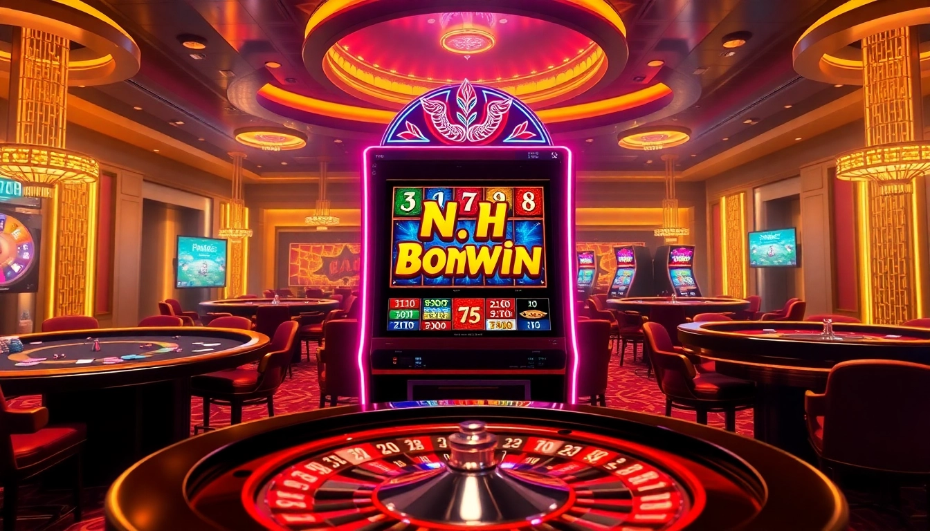 Nổ hũ bomwin slot machine lighting up a casino table filled with poker chips and cards.