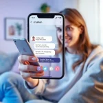 Engaging with the Crushon AI chat interface on a smartphone in a cozy living room.