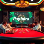 Jogadores em uma mesa de pôquer em um cassino animado, apresentando sites que pagam via Pix na hora para ganhos rápidos.