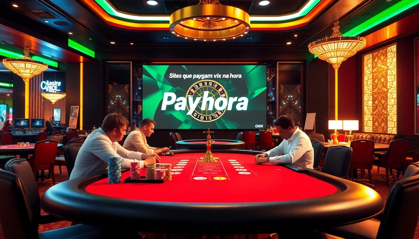 Jogadores em uma mesa de pôquer em um cassino animado, apresentando sites que pagam via Pix na hora para ganhos rápidos.