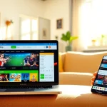 Browse ggwin betting platform on laptops and mobiles in a vibrant setting