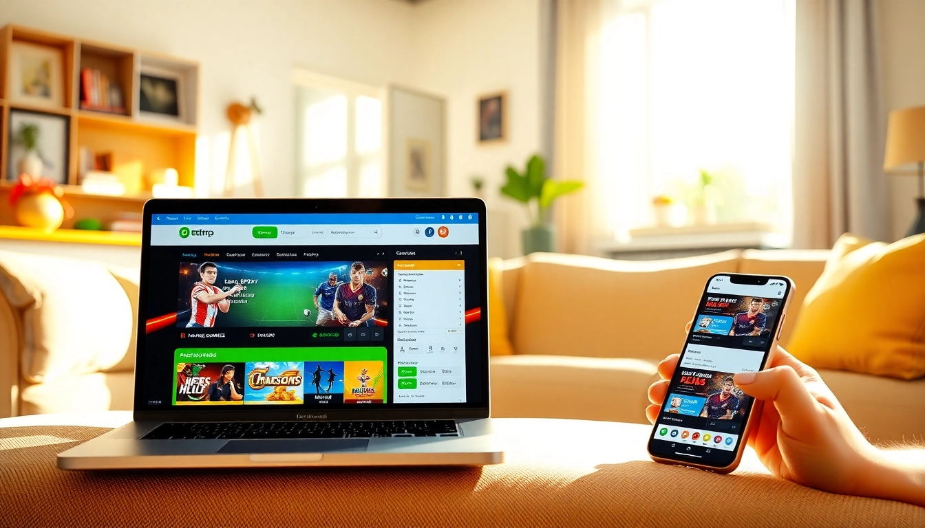 Browse ggwin betting platform on laptops and mobiles in a vibrant setting