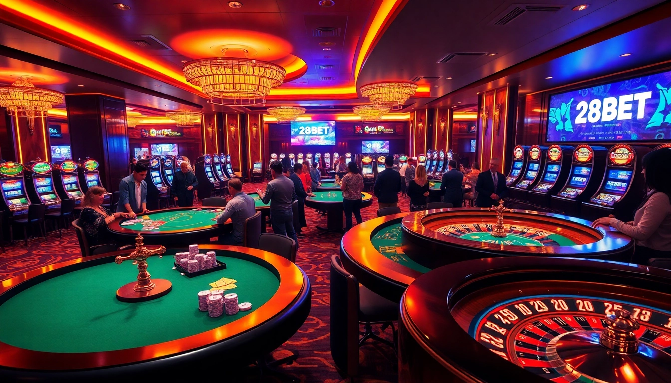 Experience the thrill of 28BET in a luxurious casino environment featuring poker tables and roulette wheels.