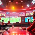 Engaging scene of Sports Broadcasting with hosts discussing a live sports event in a vibrant studio.