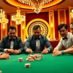 Immerse in the thrilling atmosphere of sunwin poker with dynamic players at an upscale casino table.