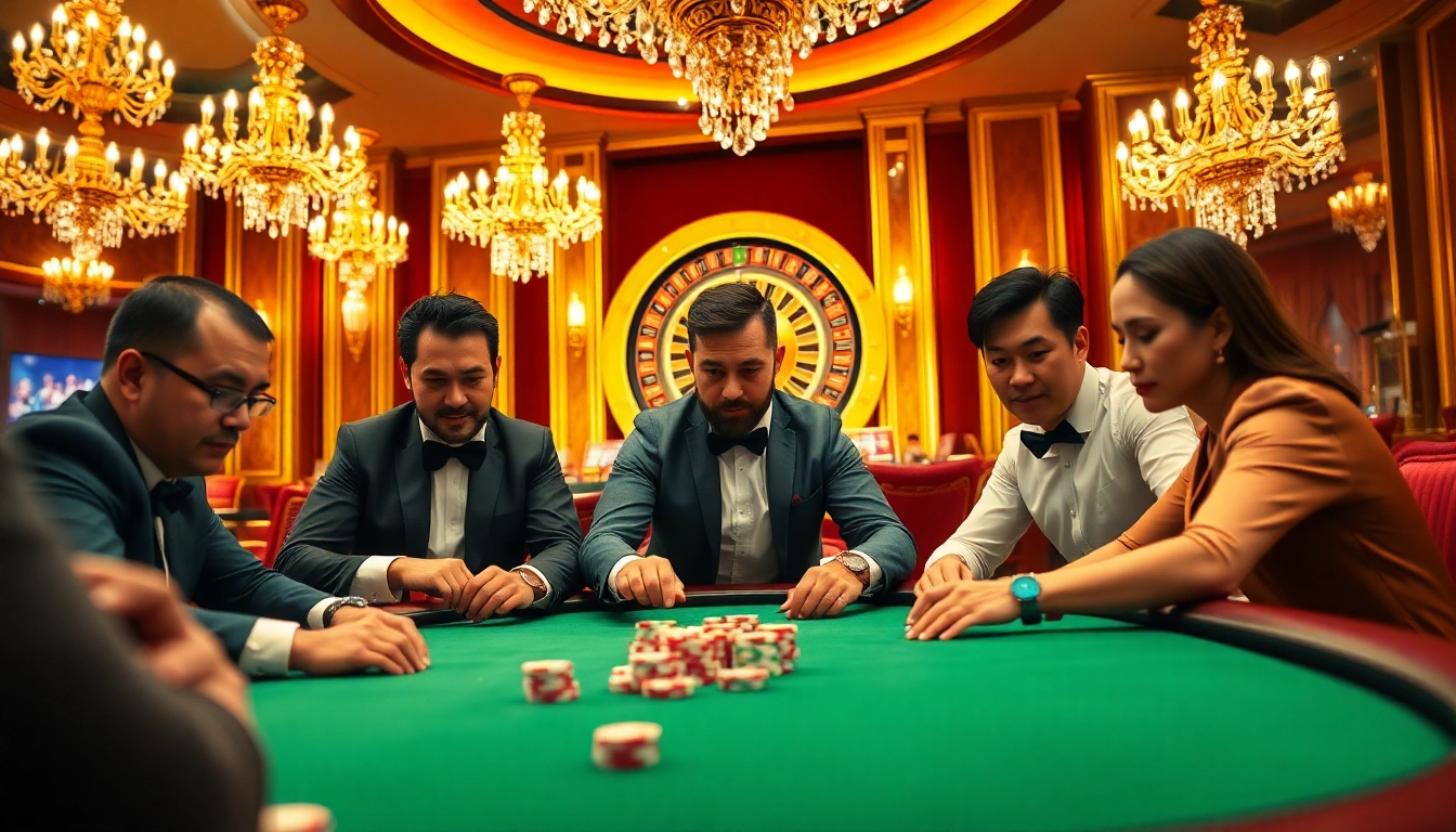 Immerse in the thrilling atmosphere of sunwin poker with dynamic players at an upscale casino table.