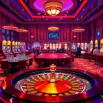 Xổ số rikbet players enjoying an exciting gambling atmosphere with casino tables, slot machines, and poker chips.