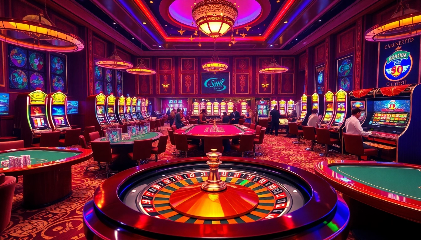 Xổ số rikbet players enjoying an exciting gambling atmosphere with casino tables, slot machines, and poker chips.