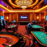 Experience the thrill of gambling at sunwin with a luxurious casino scene featuring tables and slot machines.
