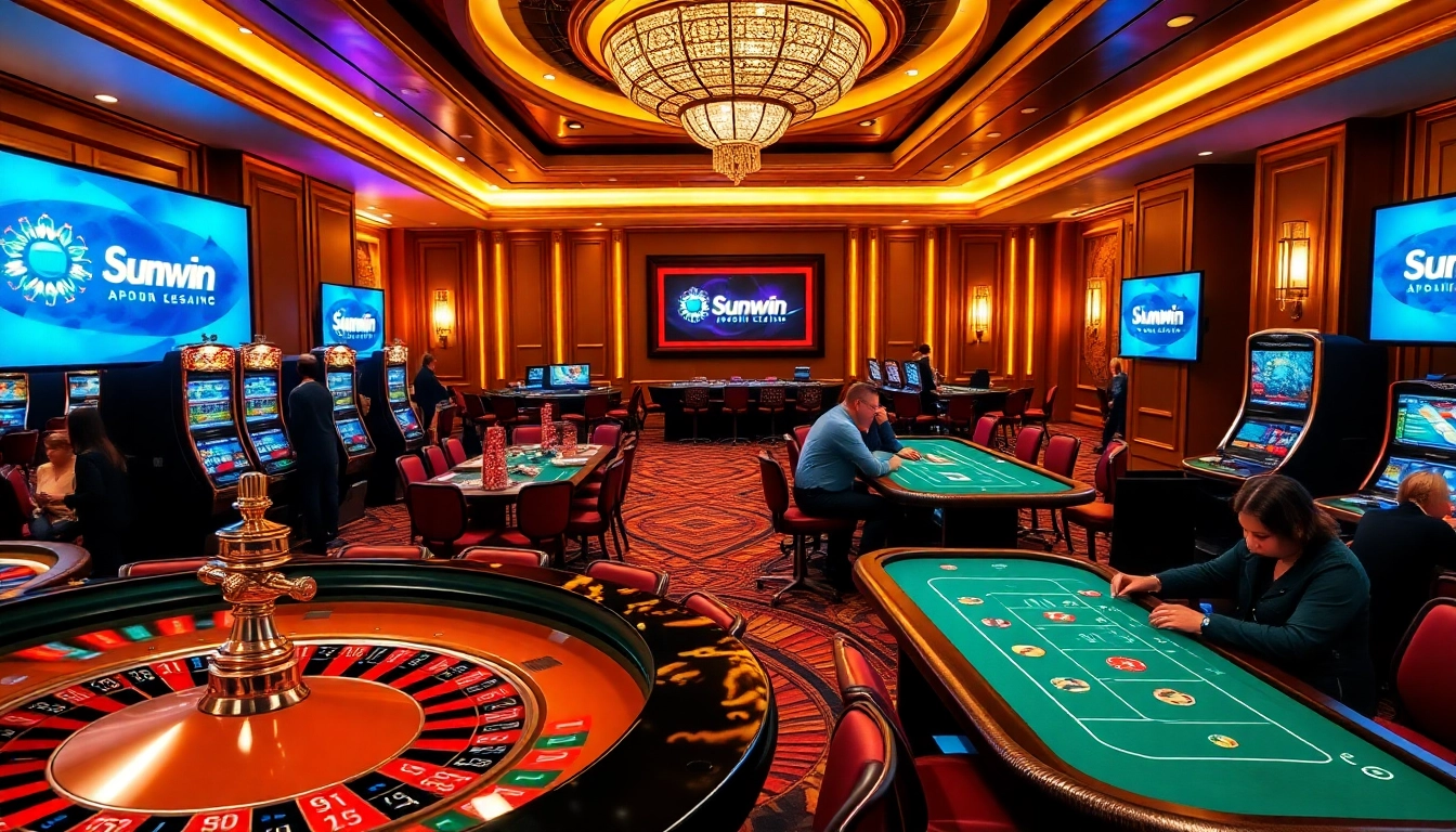 Experience the thrill of gambling at sunwin with a luxurious casino scene featuring tables and slot machines.