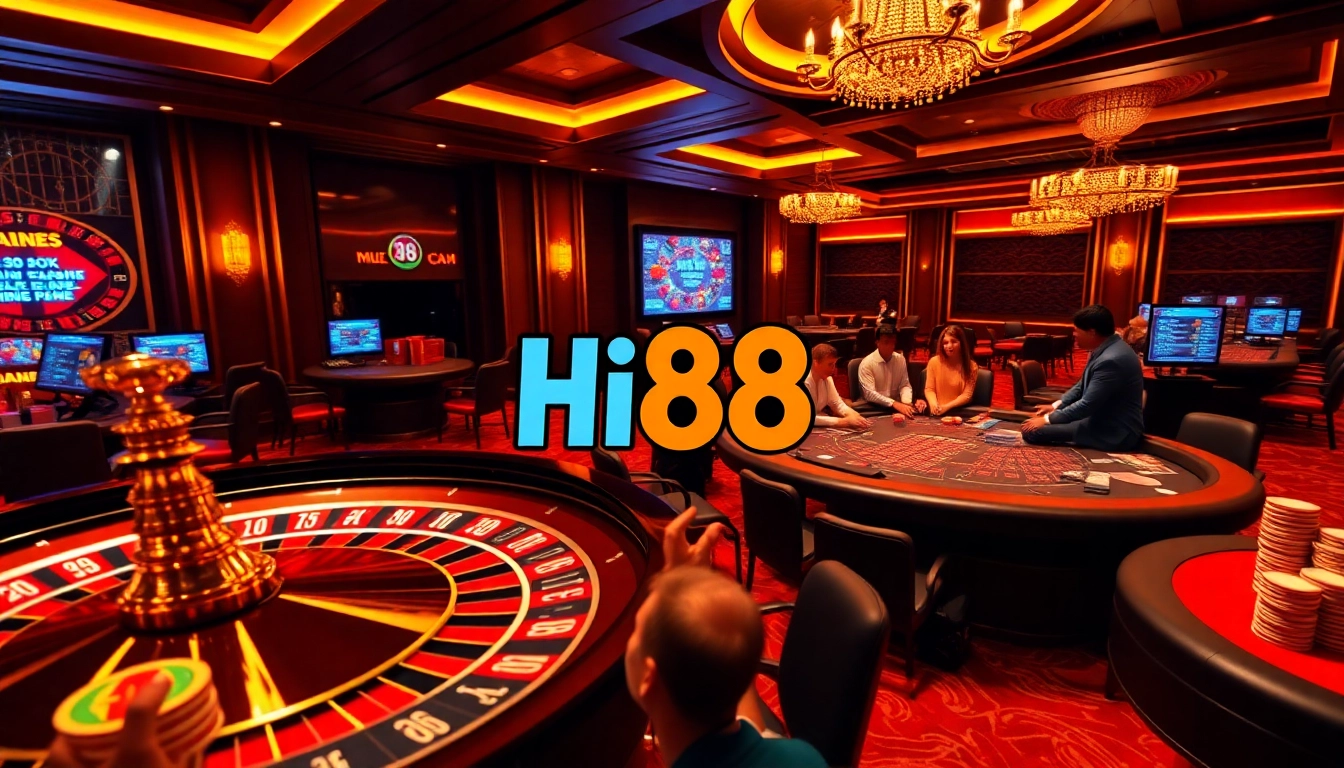 Experience the thrill of Hi88 as players engage in exciting casino games around vibrant tables.