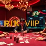 rikvip players enjoying a thrilling game at an elegant poker table in a luxurious casino atmosphere