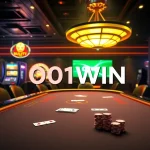 Ambiente de cassino empolgante apresentando 001WIN com mesas de pôquer, roleta e máquinas caça-níqueis vibrantes.