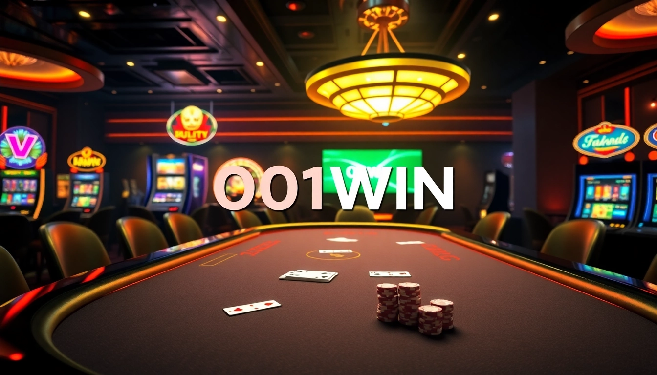 Ambiente de cassino empolgante apresentando 001WIN com mesas de pôquer, roleta e máquinas caça-níqueis vibrantes.