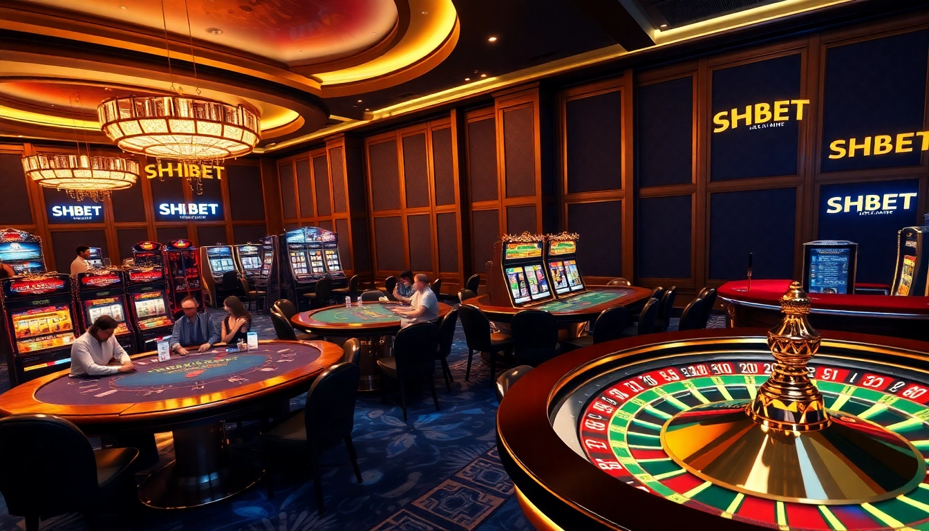 Engaging players at SHBET casino tables with poker chips and a roulette wheel.