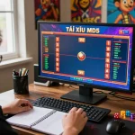 Tài xỉu MD5 gaming session with vibrant screens and dice, capturing excitement.