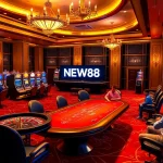 Engaging poker game scene at NEW88 casino, showcasing players and luxury surroundings.